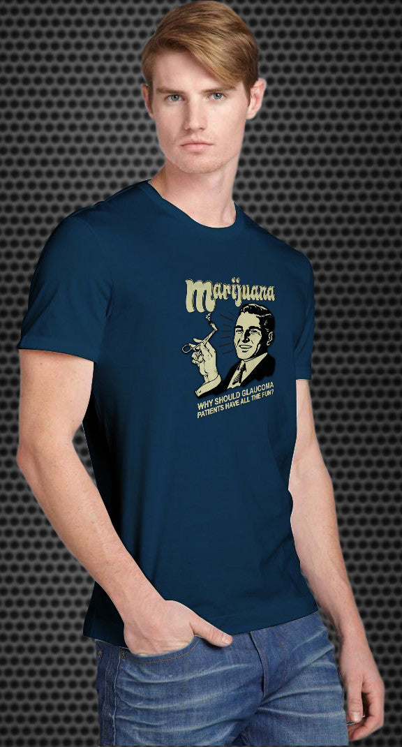 Marijuana: why should glaucoma patients have all the fun? Retro Spoof tshirt: Steel Blue Colored T-shirt - TshirtNow.net - 1