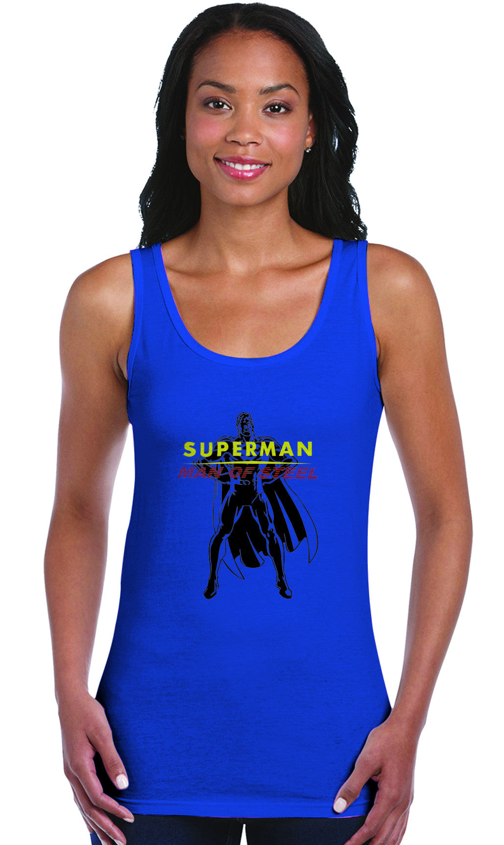Superman Man Of Steel Standing Figure Logo on Blue Fitted Sheer Tank Top for Women - TshirtNow.net - 1
