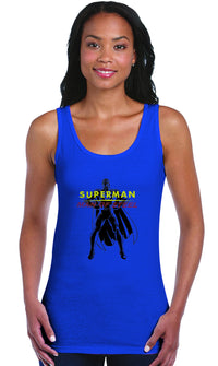 Thumbnail for Superman Man Of Steel Standing Figure Logo on Blue Fitted Sheer Tank Top for Women - TshirtNow.net - 1
