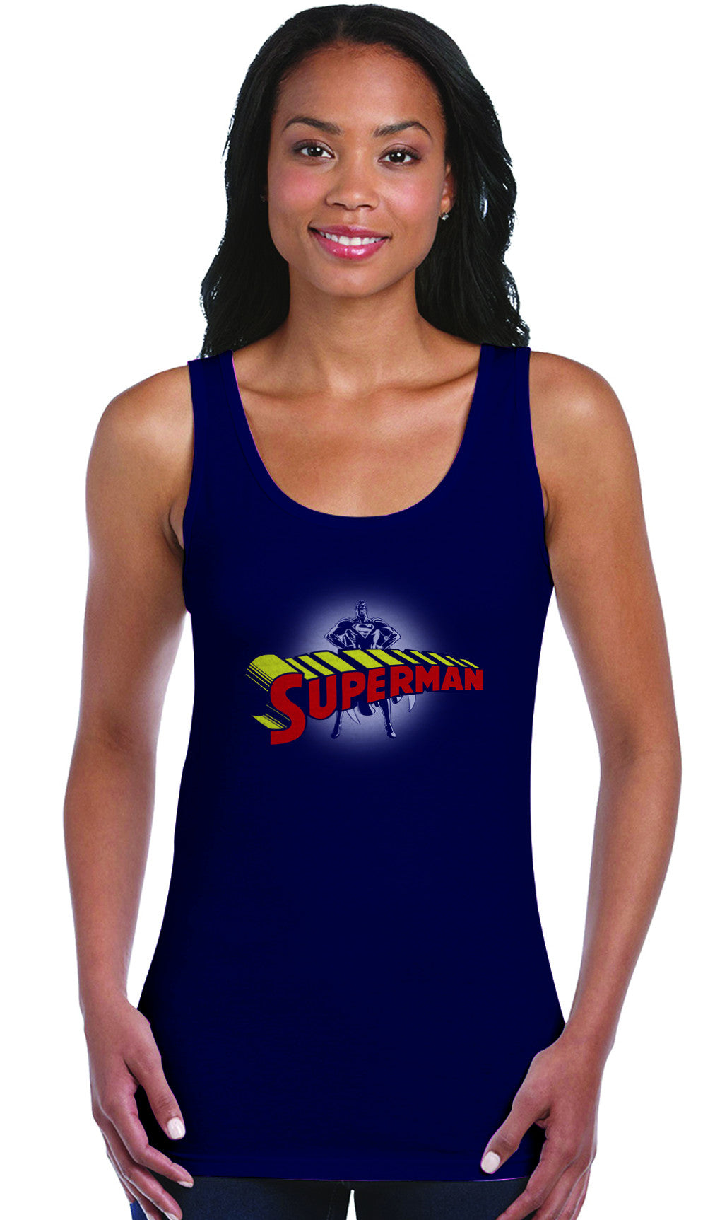 Superman Standing Figure Logo on Navy Fitted Tank top for Women - TshirtNow.net - 1