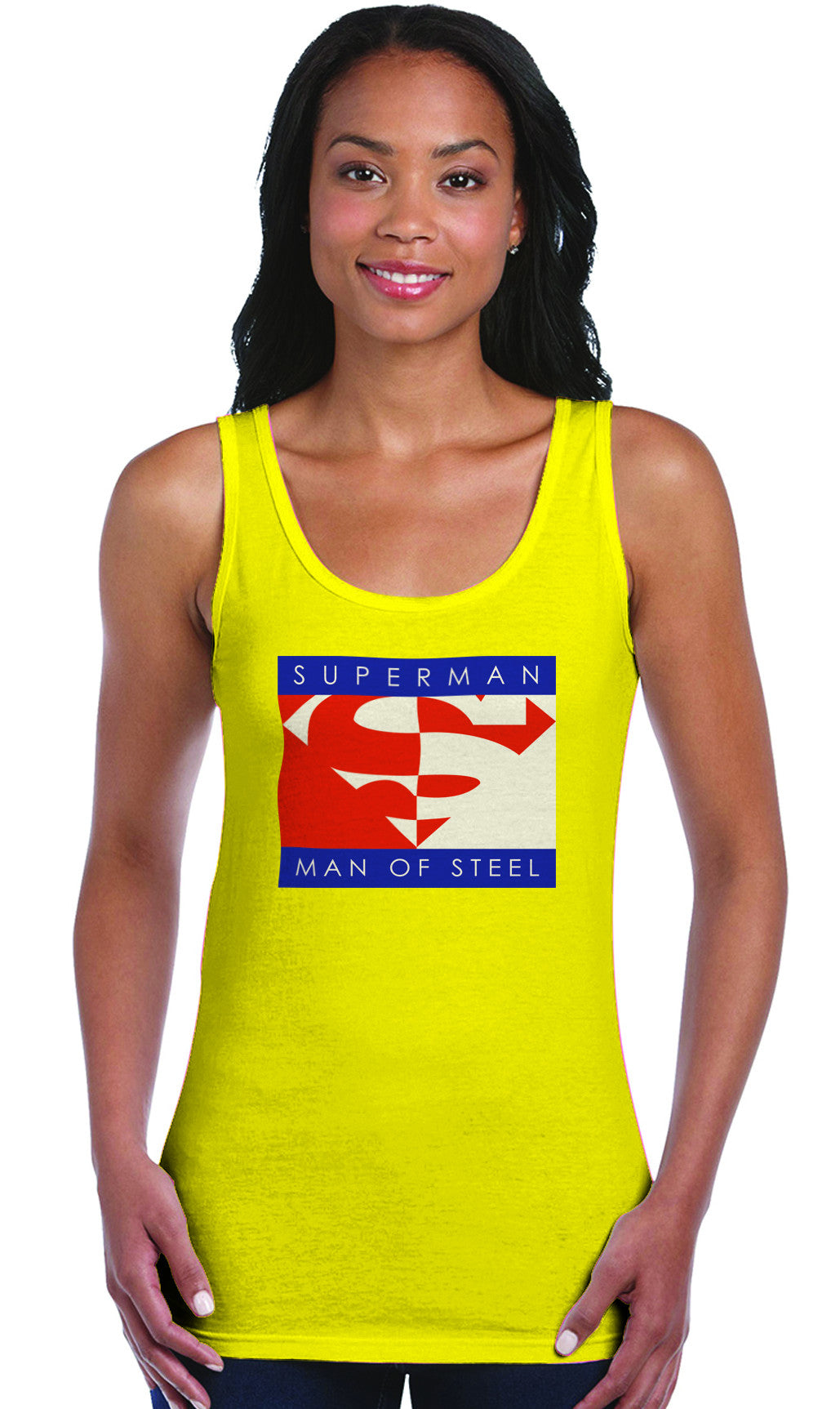 Superman Block Logo on Yellow Fitted Sheer Tank Top for Women - TshirtNow.net - 1