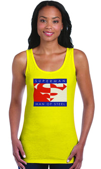 Thumbnail for Superman Block Logo on Yellow Fitted Sheer Tank Top for Women - TshirtNow.net - 1