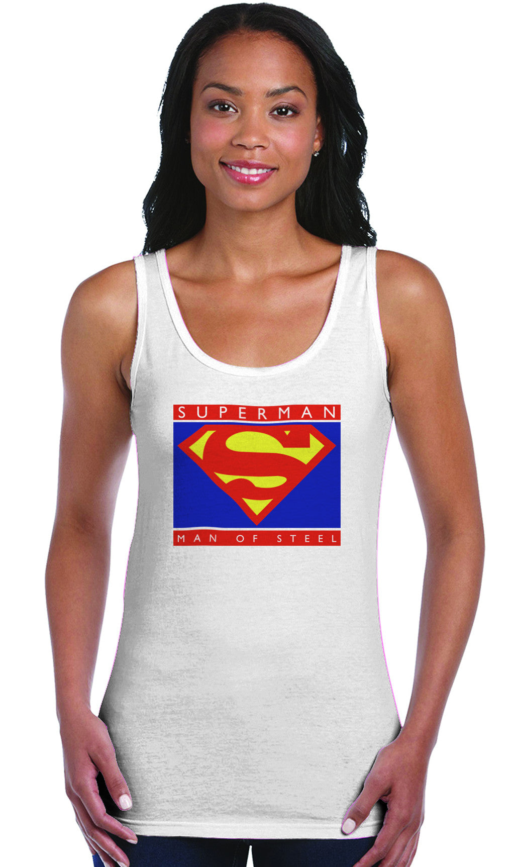 Superman Man Of Steel Standing Figure Logo on White Fitted Sheer Tank Top for Women - TshirtNow.net - 1