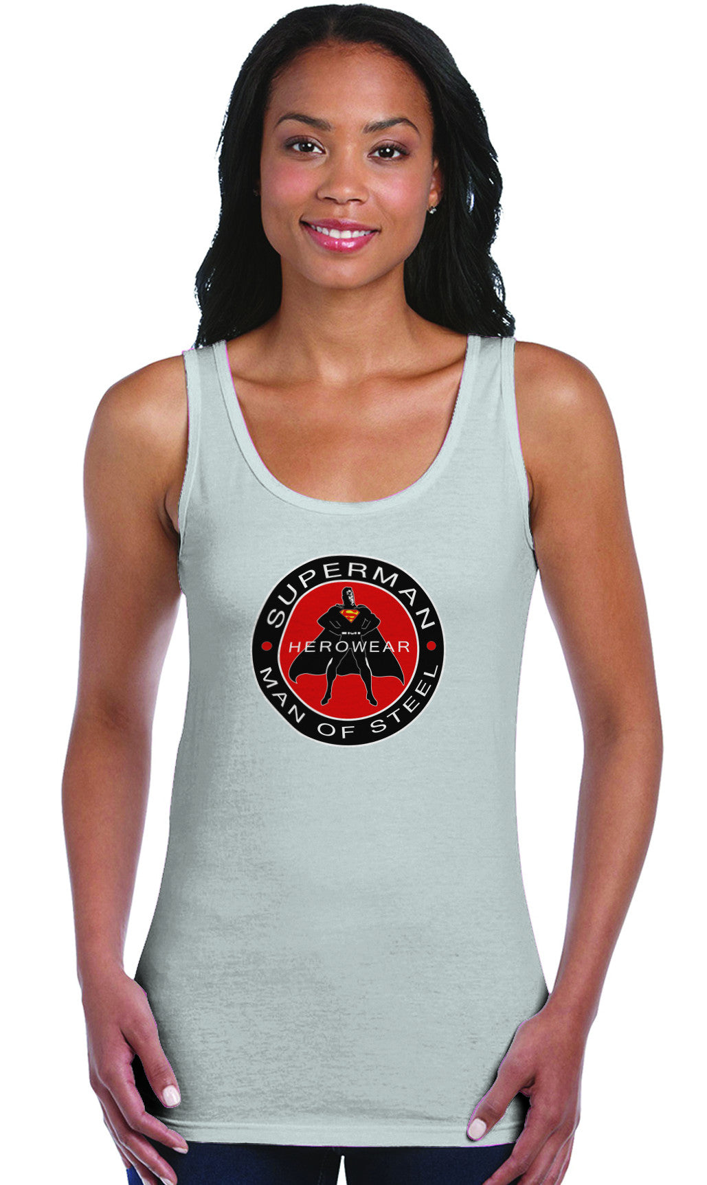 Superman Herowear Round Logo on Ash Gray Fitted Sheer Tank Top for Women - TshirtNow.net - 1