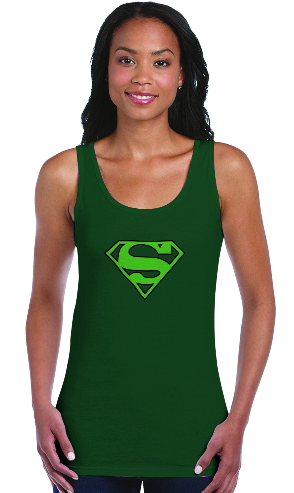 Superman Green Logo on Dark Green Fitted Sheer Tank top for Women - TshirtNow.net - 1
