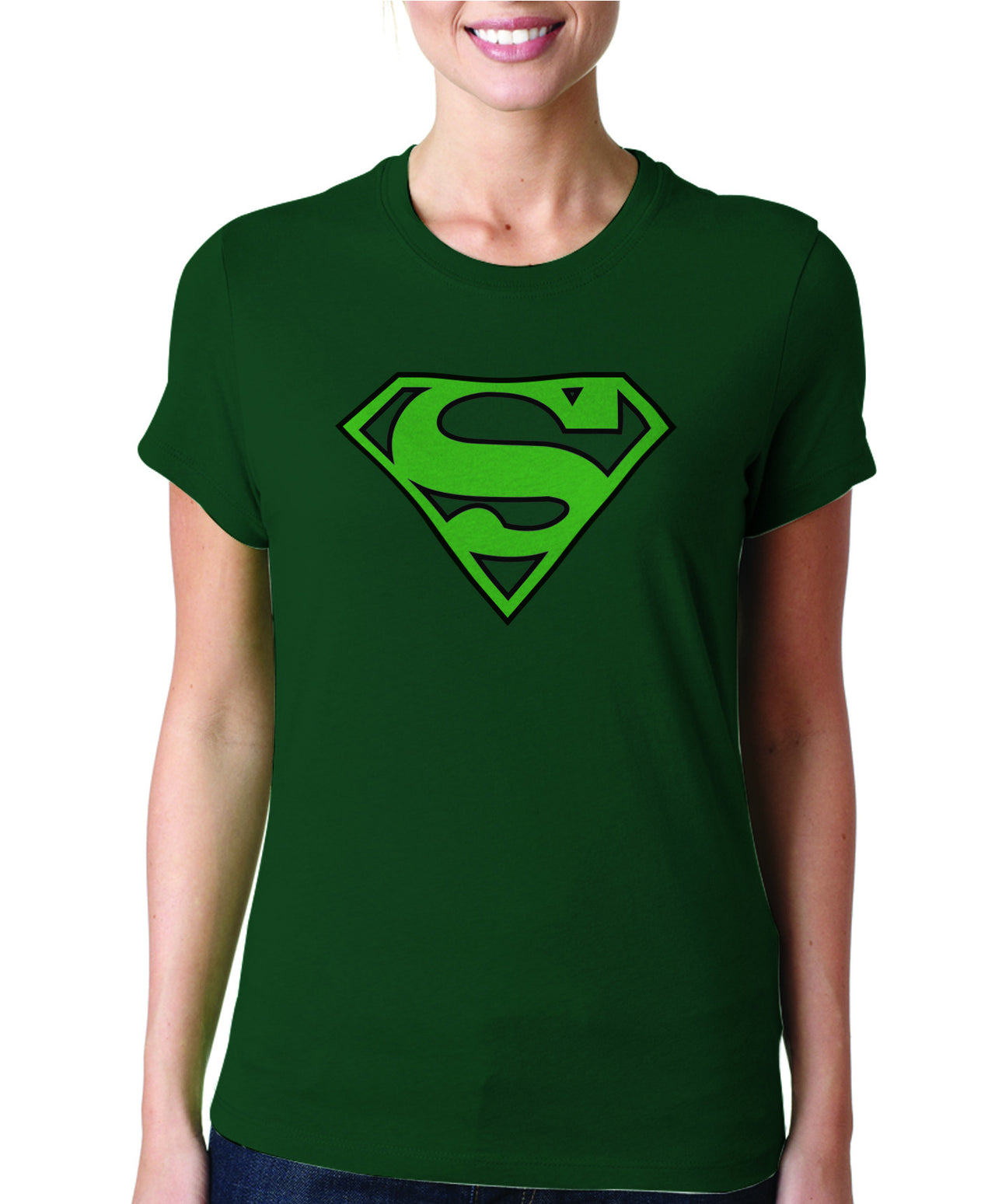 Superman Green Logo on Dark Green Colored Fitted tshirt for Women - TshirtNow.net - 1