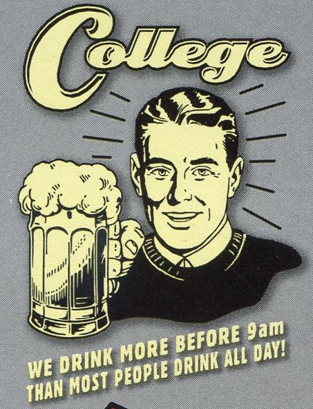 College: We drink more before 9am than most people drink all day! Retro Spoof tshirt: Ash Colored T-shirt - TshirtNow.net - 2