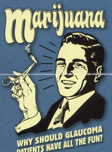 Marijuana: why should glaucoma patients have all the fun? Retro Spoof tshirt: Steel Blue Colored T-shirt - TshirtNow.net - 2