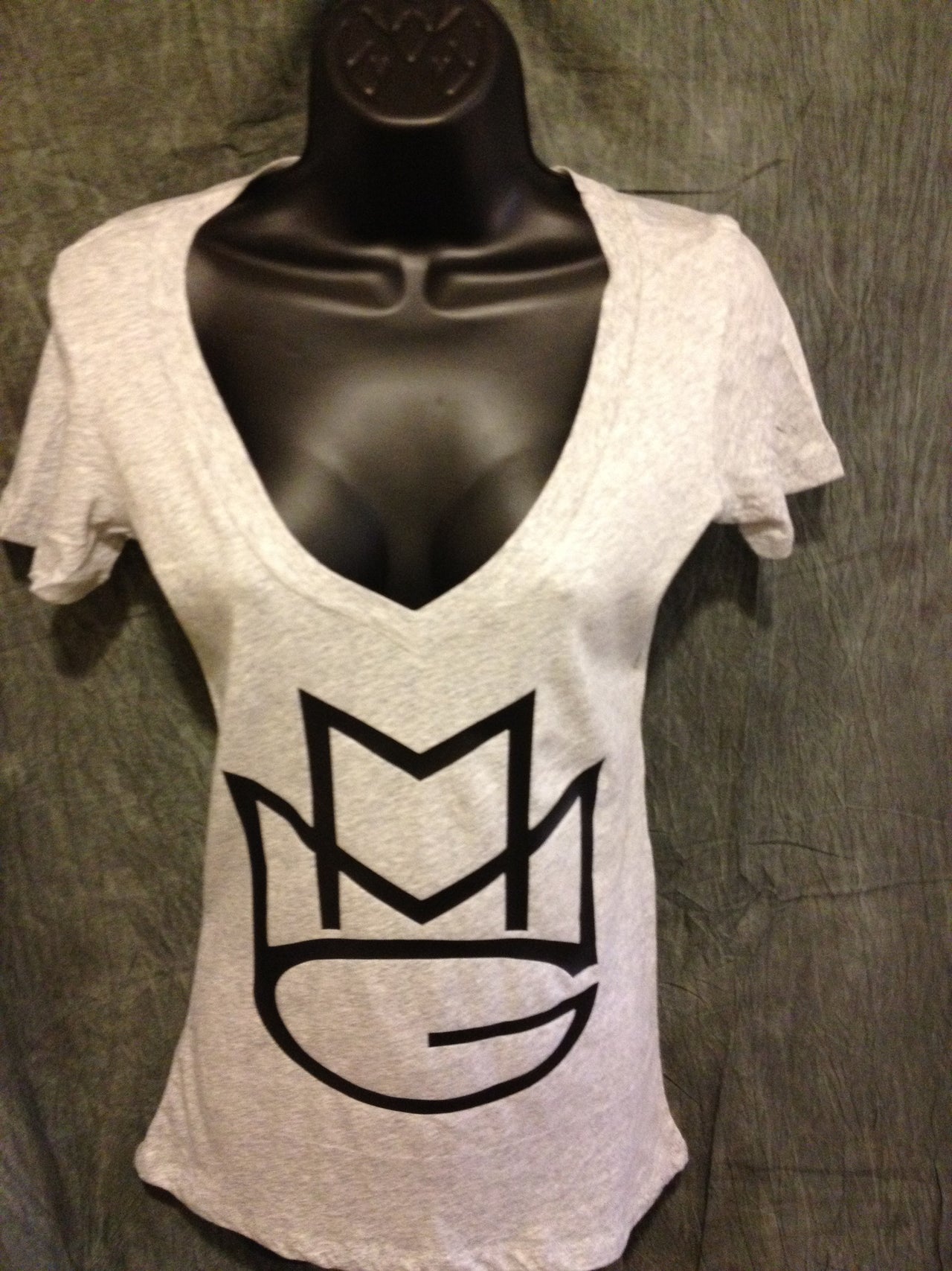 Maybach Music Group Girls Tshirt: Black Print on Heather Grey Womens V-Neck Tshirt - TshirtNow.net - 3