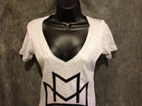 Thumbnail for Maybach Music Group Girls Tshirt: Black Print on Heather Grey Womens V-Neck Tshirt - TshirtNow.net - 4