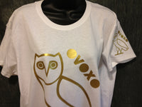 Thumbnail for Ovo Drake October's Very Own Ovoxo Owl Gang Girls Tshirt: Gold Print on White Womens Tshirt - TshirtNow.net - 3