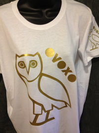 Thumbnail for Ovo Drake October's Very Own Ovoxo Owl Gang Girls Tshirt: Gold Print on White Womens Tshirt - TshirtNow.net - 1