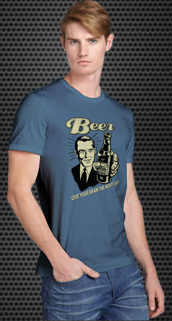 Beer: Give your brain the night off! Retro Spoof tshirt: Steel Blue Colored T-shirt - TshirtNow.net - 1