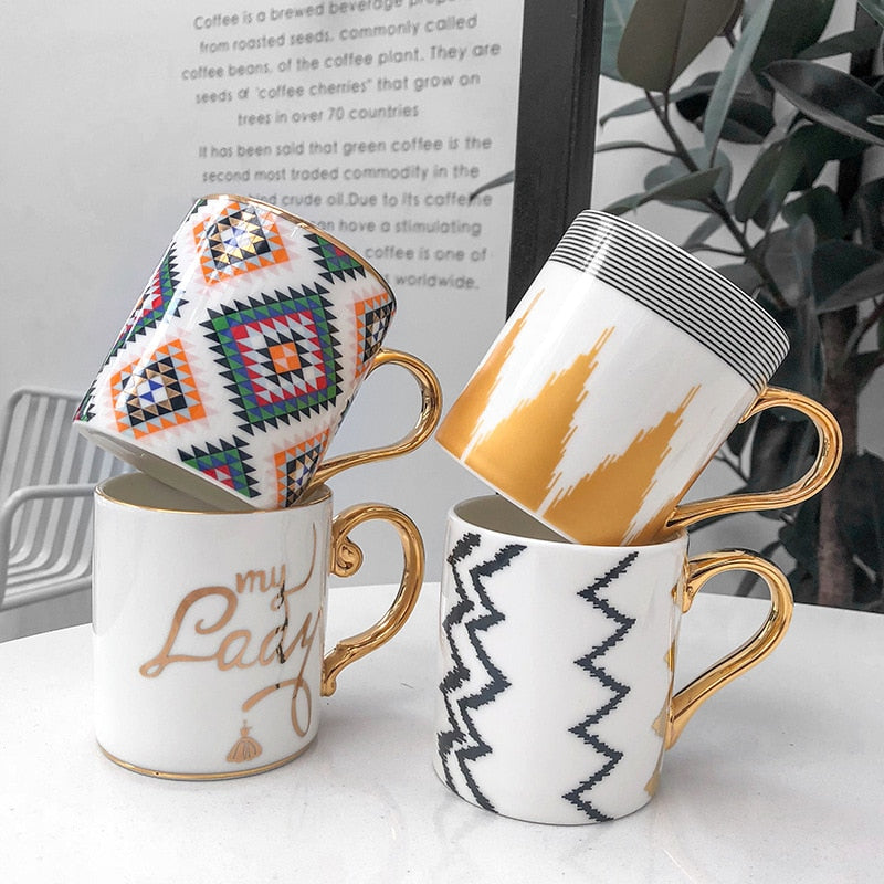Abstract Collection Single Layered Nordic Style Gold Handle Ceramic Coffee/Tea Mugs