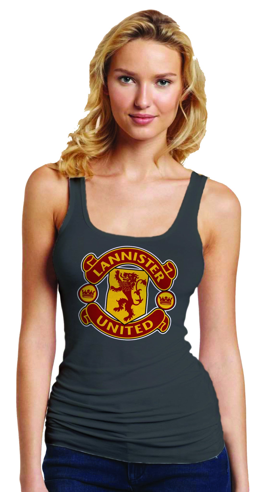 LIMITED EDITION: Game of Thrones Manchester United House Lannister United Logo on Grey Colored Womens Tank Top - TshirtNow.net - 2