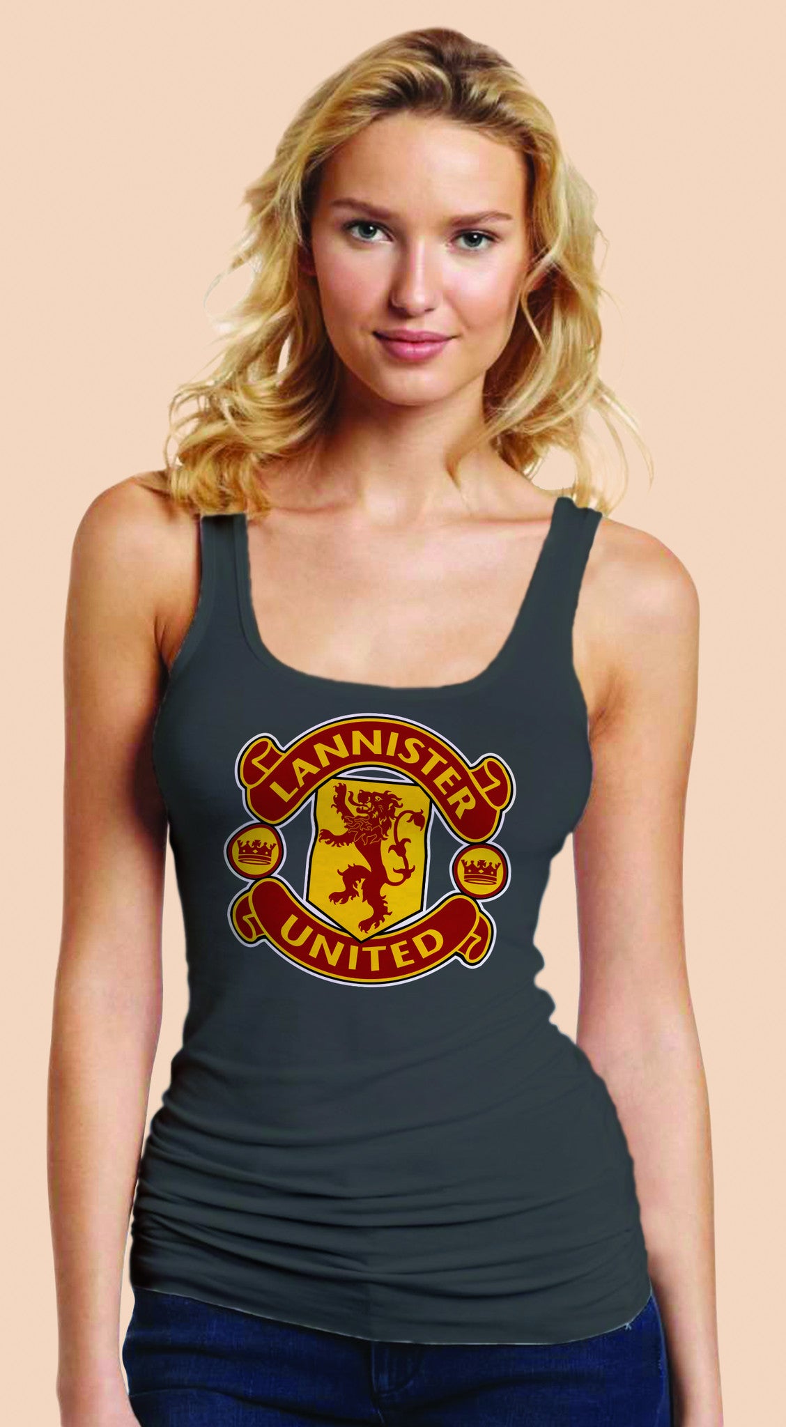 LIMITED EDITION: Game of Thrones Manchester United House Lannister United Logo on Grey Colored Womens Tank Top - TshirtNow.net - 1
