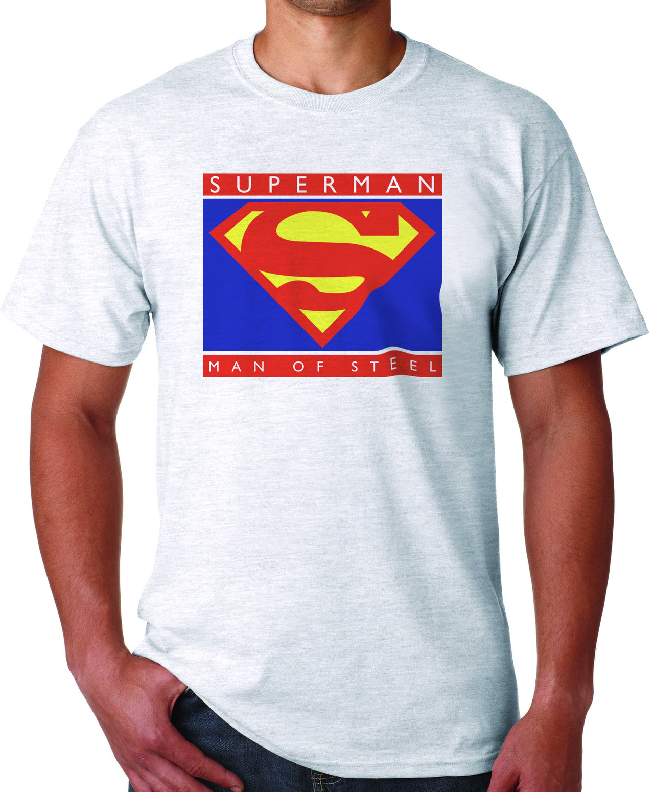 Superman Man Of Steel Standing Figure Logo on White Colored Tshirt for Men - TshirtNow.net - 1