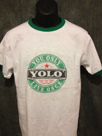 Thumbnail for Drake Yolo Girls Ringer Tshirt: Yolo Print on Green Womens Ringer Tshirt - TshirtNow.net - 2